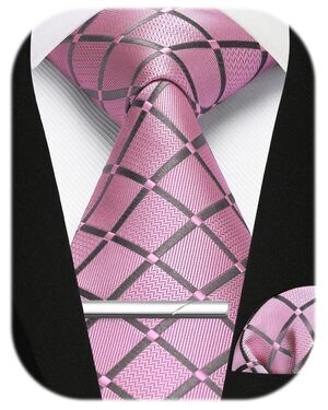 3522 Pink Ties Classic Plaid Tie Handkerchief Woven Necktie Pocket Square